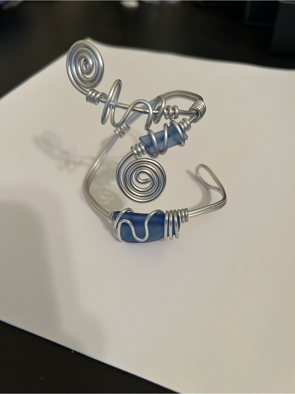 Artisan Created Silver Wire Cuff Statement Bracelet/Armband with Blue Sea Glass